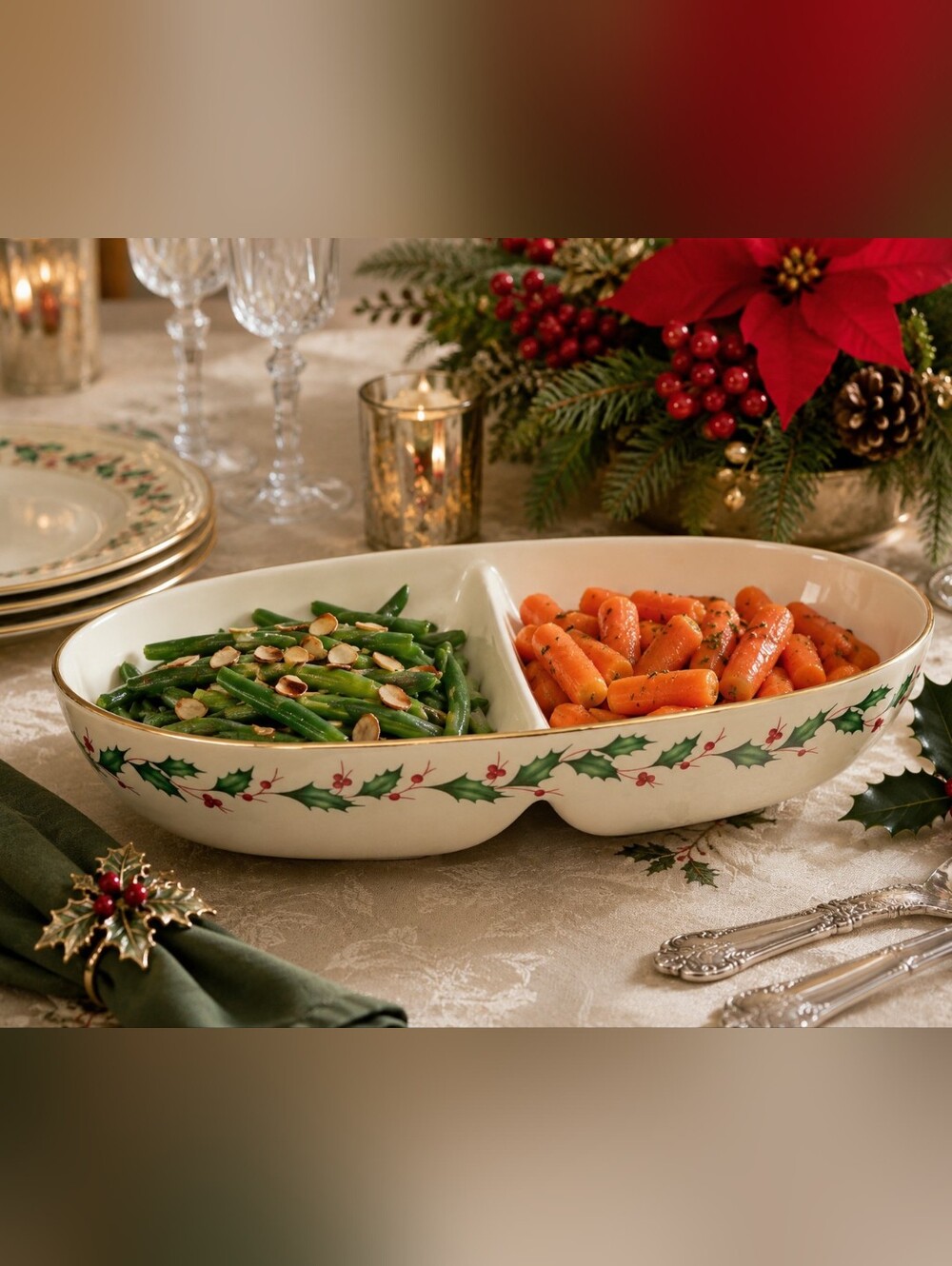 Lenox Holiday Dimension 13" Oval Divided Vegetable Bowl Porcelain Christmas Gold